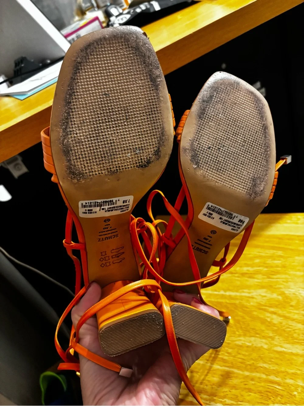 Schutz Glenna Ankle Tie Sandals in a vibrant bright tangerine 7.5